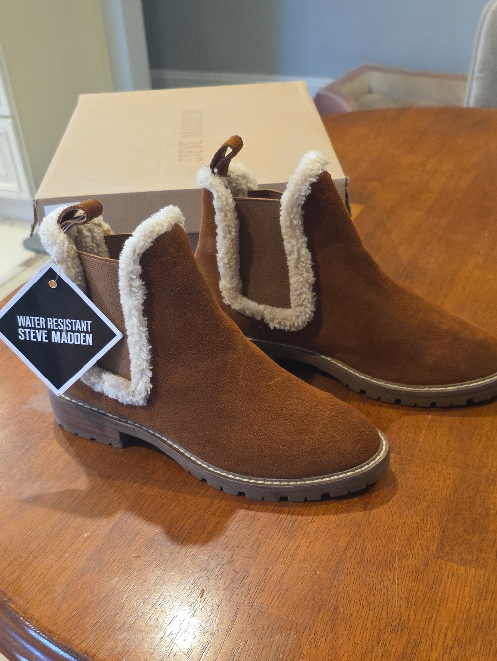 Steve Madden Chestnut Brown Suede Chelsea Booties with Shearling Trim
